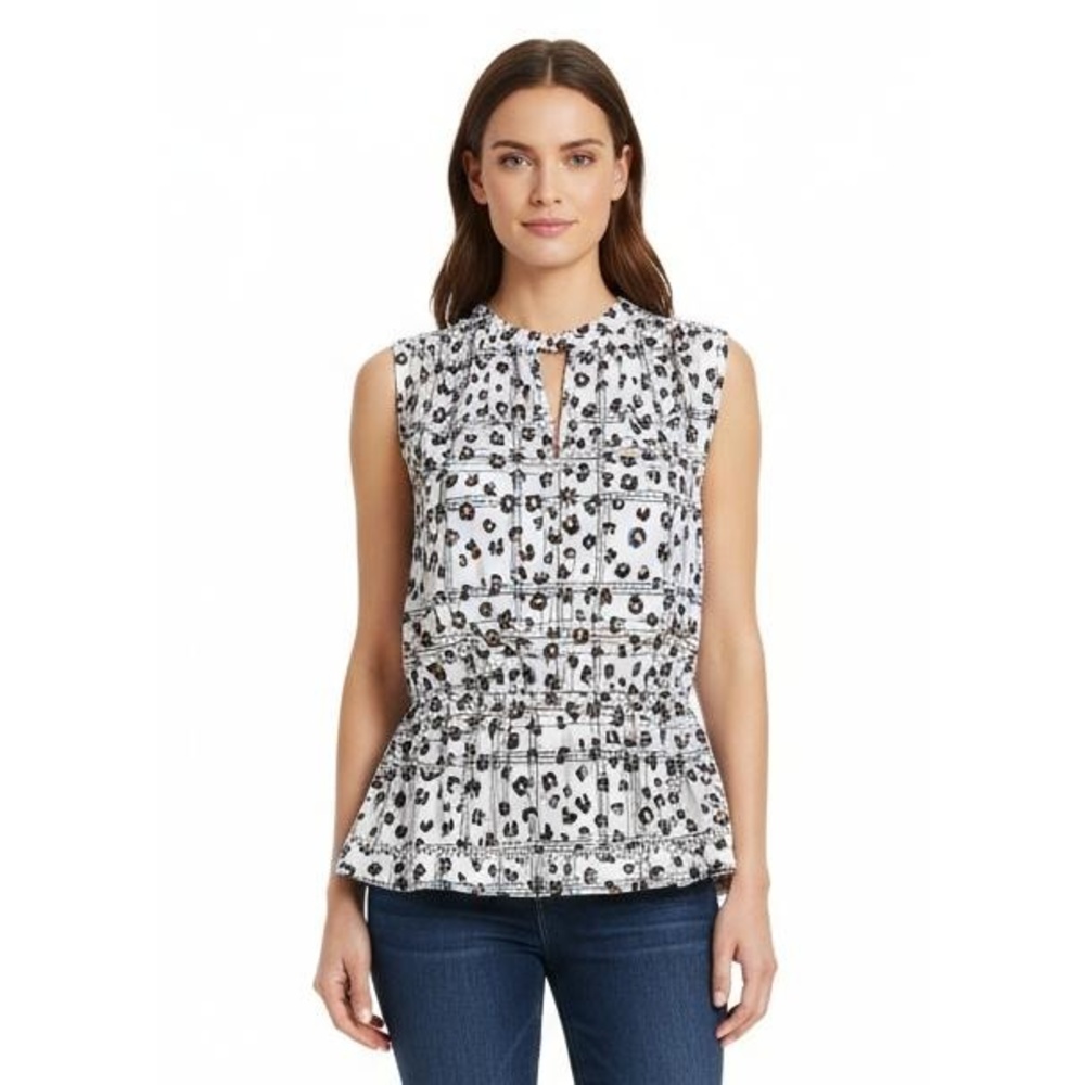 BELLDINI White Plaid Sleeveless Keyhole Neck Peplum Blouse Top